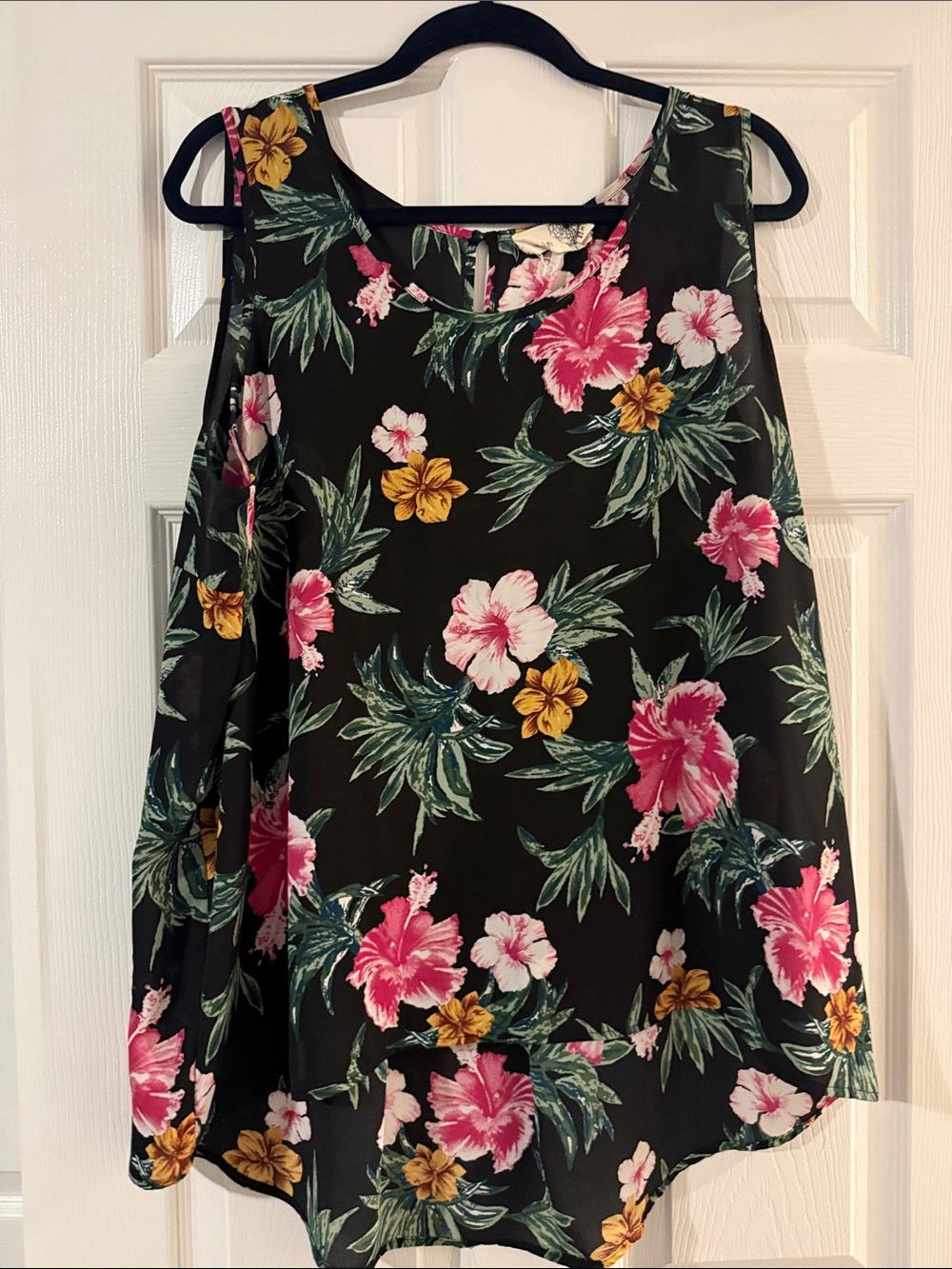 everleigh Black Floral Tank Top with Pink & Yellow Hibiscus